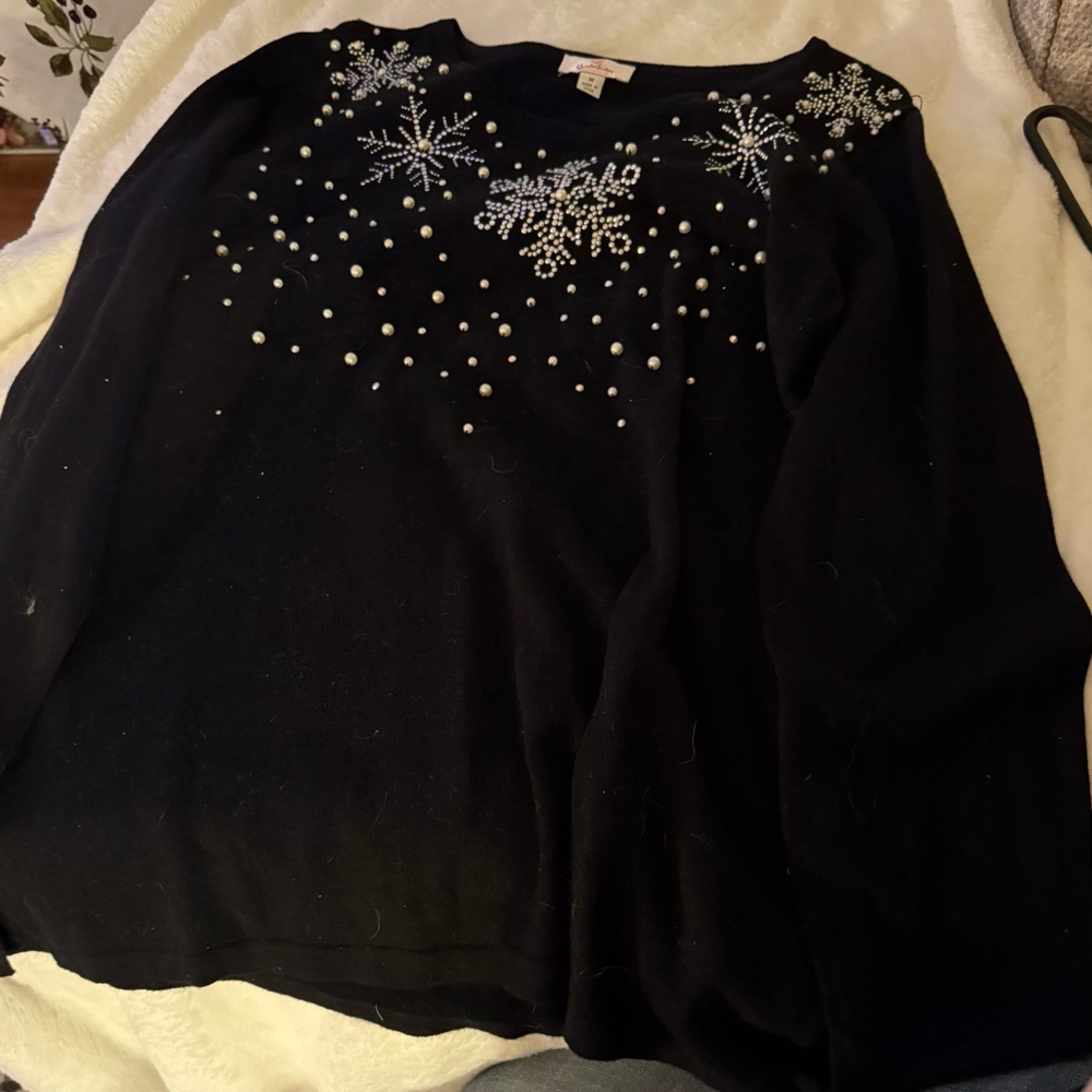 Quacker Factory Elegant Black Top with Pearl Embellishments winter holiday